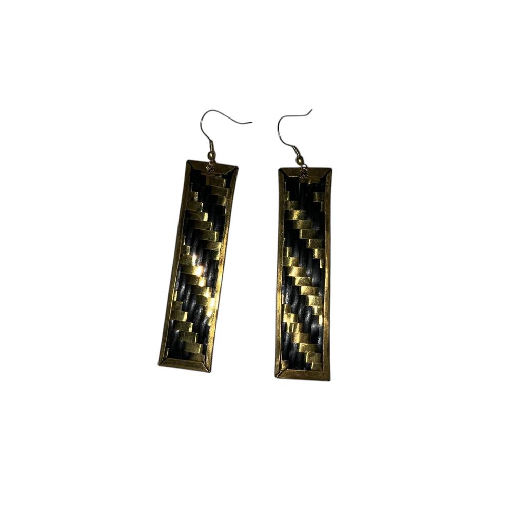 Iris Apfel & Bajalia Black Gold Woven Rectangle Drop Earrings Statement Boho